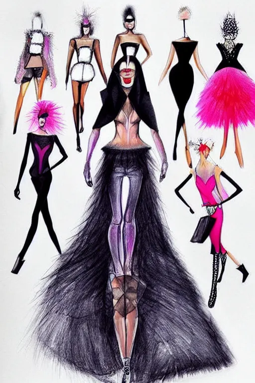 Image similar to crazy fashion catwalk, drag racing, strange clothes, crazy clothes, couture, sketch, pinterest, fashion illustrations