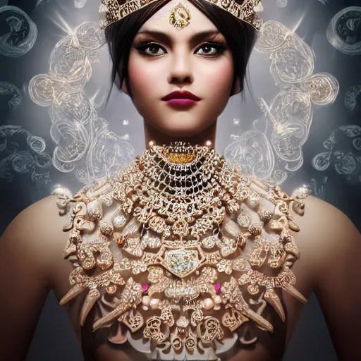 Image similar to portrait of pretty princess with perfect skin, glowing, ornate and intricate diamond jewelry, jaw dropping beauty, ornate and intricate backdrop, white accent lighting, hyper detailed, 4 k octane render