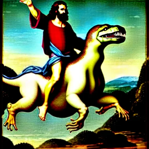 Prompt: Jesus riding a t-rex, renaissance painting, in the style of rococo, extremely detailed