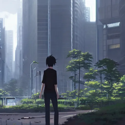 Image similar to android in an urban dystopia makoto shinkai