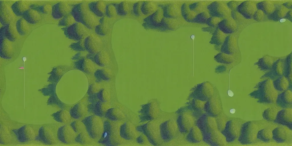 Image similar to top down oil painting of a 18 hole golf course layout, there is water all around, many bushes and trees, minimalistic, flat, high res