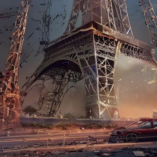 Image similar to A beautiful intricate 8K award-winning ground-level cinematic movie photograph of the future rusting rubble of the fallen and decimated Eiffel Tower, lying in pieces on the ground, surrounded by neon and collapsing corporate video billboard displays. in the year 2050, by Bruno Delbonnel and greg rutkowski. octane render, Arri Alexa 65. Cinematic lighting