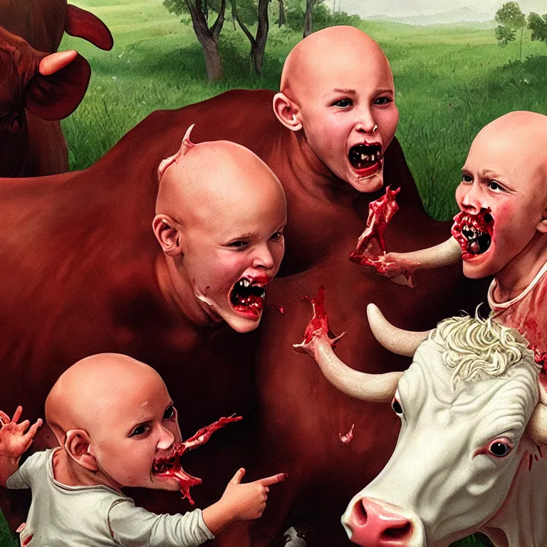 Image similar to bald kid gathering blood from the mouth of a 3 headed demon cow, realistic