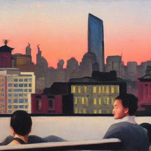 Image similar to a small rooftop with a couple of people sitting and watching the view, wearing black modern clothes, modern shanghai bund is on the background, sunset, by edward hopper, by gregory crewdson