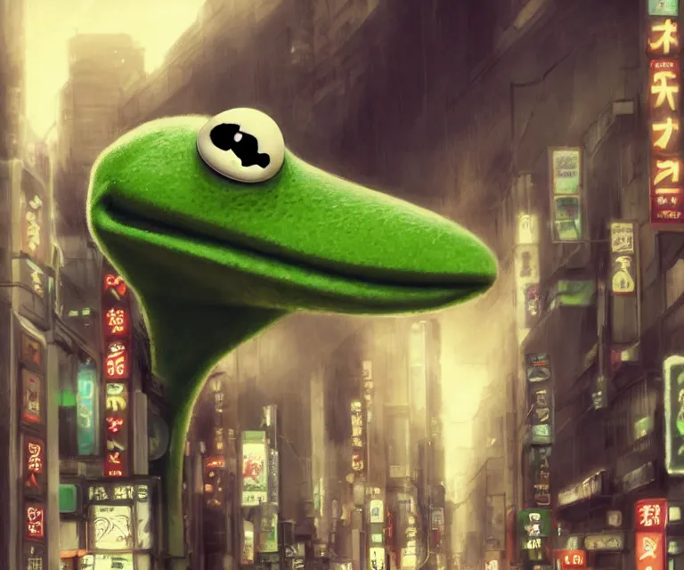 Prompt: kermit the frog in tokyo by charlie bowater and titian and artgerm, intricate, face, symmetrical eyes, japanese akihabara street cityscape, elegant, beautiful, highly detailed, dramatic lighting, sharp focus, trending on artstation, artstationhd, artstationhq, unreal engine, 4 k, 8 k