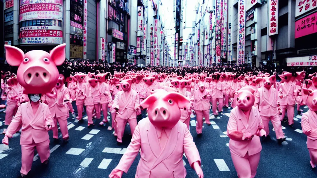 Image similar to a parade on the streets Tokyo everyone is dressed in pink and wearing pig masks, film still from the an anime directed by Katsuhiro Otomo with art direction by Salvador Dalí, wide lens