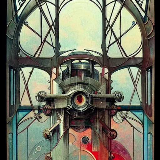 Image similar to ( ( ( ( ( 1 9 5 0 s retro future intricate machine spaceship large window. muted colors. art nouveau ) ) ) ) ) by jean baptiste monge!!!!!!!!!!!!!!!!!!!!!!!!! chrome red