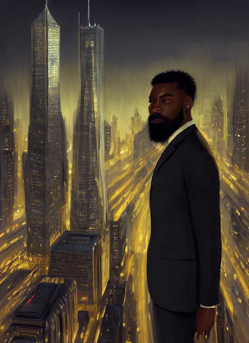 Image similar to portrait of handsome black genius in tailored suit, urban skyline, low haircut with full beard, supreme mathematics, elegant atmosphere, glowing lights, highly detailed, digital painting, artstation, concept art, smooth, sharp focus, illustration, art by wlop, mars ravelo and greg rutkowski