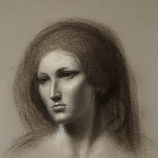 Prompt: white chalk study of a womans portarit by arnold bocklin. fine detail showing the forms of the face. studio lighting. sketch where you can see the artists lines