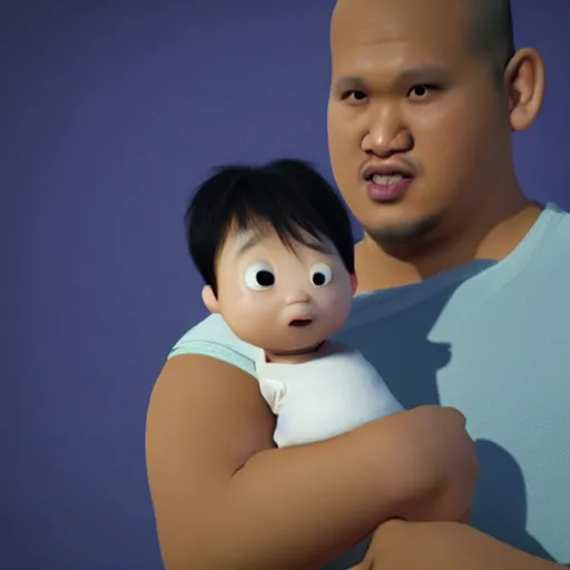 Prompt: shocked asian man cannot believe his eyes that he is holding a baby shaquille o ’ neal at hospital, award winning art, pixar, 3 d render, confusion, unreal engine