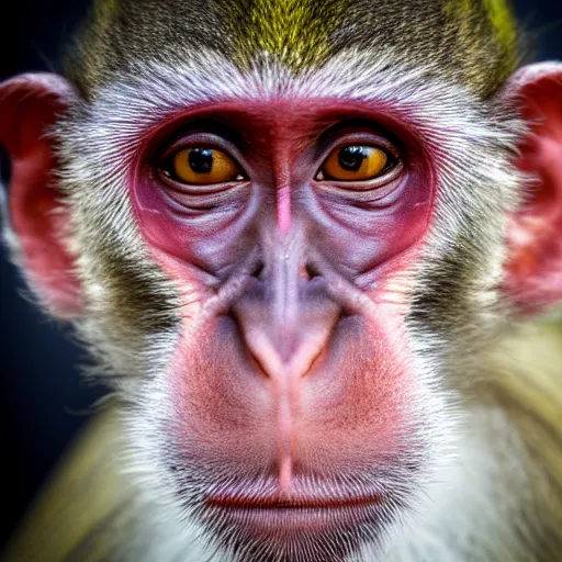 Prompt: highly detailed rhesus macaque monkey looking distinguised, posing for the camera, strong facial features