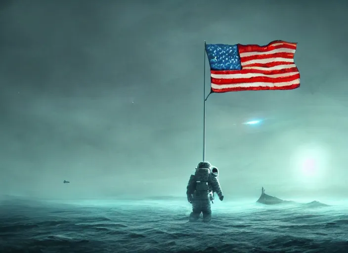 Image similar to astronaut holding a flag in an underwater desert. a submarine is visible in the distance. dark, concept art, cinematic, dramatic, atmospheric, 8 k, trending on artstation, blue, fish, low visibility, fog, ocean floor, christopher nolan, interstellar