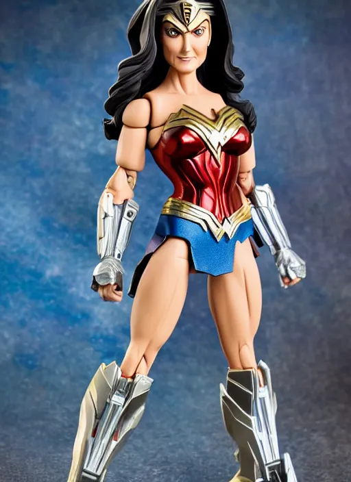 Prompt: transformers decepticon lynda carter's wonder woman action figure from transformers : kingdom, symmetrical details, by hasbro, takaratomy, tfwiki. net photography, product photography, official media