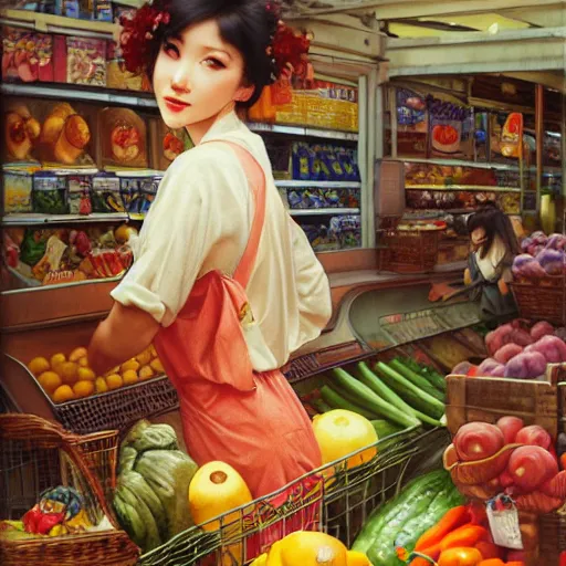 Image similar to buying groceries, by wlop, artgerm, elvgren, mucha