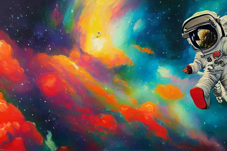 Image similar to A Detailed Painting of An Astronaut Floating In Space, Bright Colors, In The Style Of An oil Painting, Trending on cgsociety