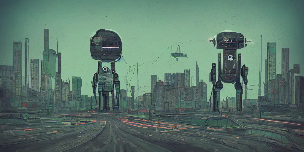 Image similar to retrofuturistic robot in panel post soviet city landscape in style of Simon Stalenhag, green colour scheme