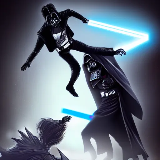 Image similar to beautiful digital painting of rick sanchez fighting darth vader. trending on artstation