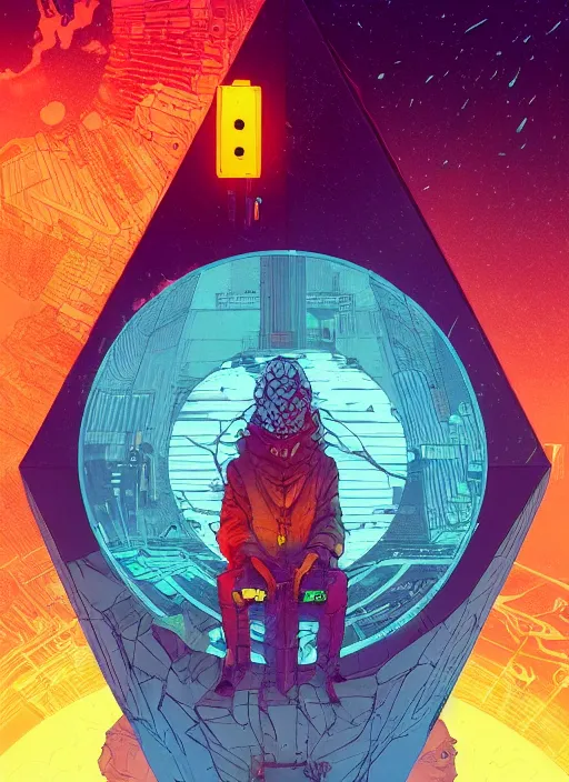 Prompt: a cyberpunk explorer meditating next to a floating triangular glowing monolith with one eye, highly detailed, midnight, by josan gonzalez and victo ngai and moebius