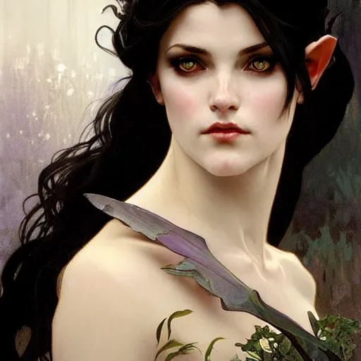 Prompt: Portrait of a pretty half-elf half-vampire young woman. Her hair is both black and white. Her eyes have red irises and vertical pupils. Art by Greg Rutkowski and Alphonse Mucha