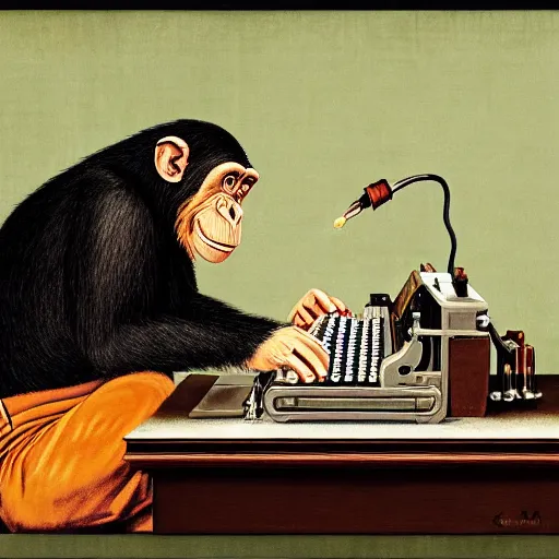 Image similar to a finely detailed painting of chimpanzee typing at a typewriter - there is a bottle of bourbon on the desk and a smouldering cigarette in the ashtray. In the style of norman rockwell