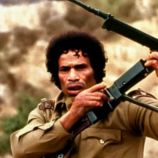 Prompt: A still of Muammar Gaddafi as Rambo in Rambo First Blood (1982)