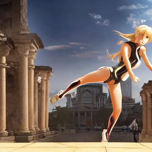 Image similar to blonde - haired princess, anime princess, wearing skinsuit, action pose, parkour, plaza, greco - roman pillars, golden hour, partly cloudy sky, sepia sun, strong lighting, strong shadows, vivid hues, ultra - realistic, sharp details, subsurface scattering, intricate details, hd anime, 2 0 1 9 anime