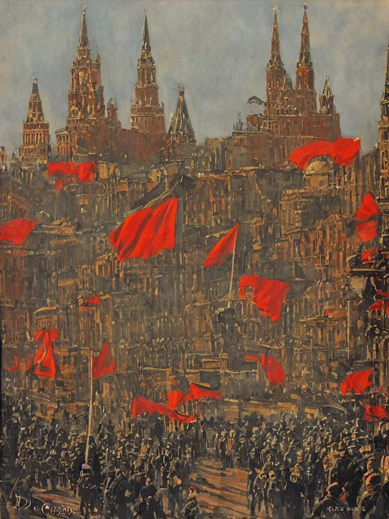 Image similar to russian revolution dieselpunk 1 9 1 0 cityscape, kremlin, painting by davison, craig