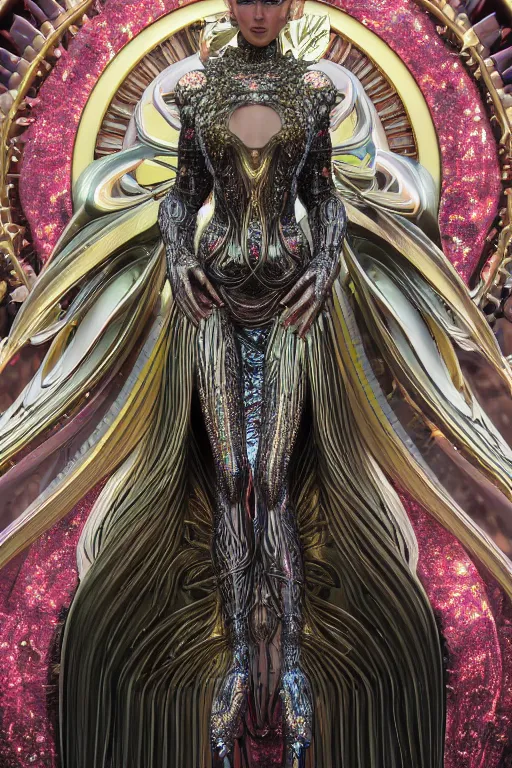 Image similar to a highly detailed metahuman 4 k close up render of an alien psychedelic goddess bella hadid in iris van herpen dress schiaparelli in diamonds swarovski and jewelry in style of alphonse mucha gustav klimt trending on artstation made in unreal engine 4