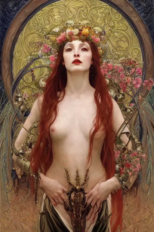 Prompt: masterpiece painting of beautiful vampire girl by donato giancola, darius zawadzki and tom bagshaw, face by artgerm and edmund leighton, alphonse mucha, background by james jean and gustav klimt, 8 k, biomechanical horror, majestic, volumetric lighting, porcelain skin, french nouveau, trending on pixiv