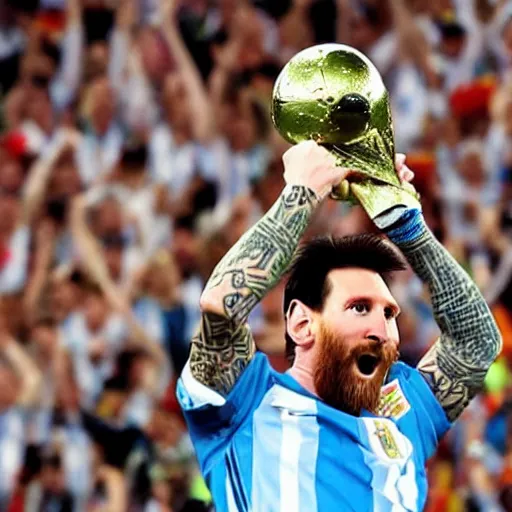 Prompt: lionel messi lifting the fifa world cup wearing the argentina shirt, extremely detailed, 9 k