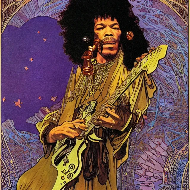 Prompt: vintage record cover by Franklin Booth and Edmund Dulac showing a portrait of Jimi Hendrix as a futuristic space shaman, Alphonse Mucha background, futuristic electric guitar, star map, smoke, platonic solids