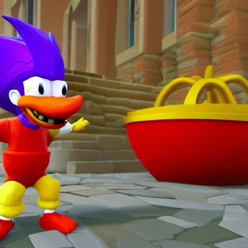 Image similar to image of ronald mcdonald, white face, red afro, red nose and yellow outfit as an enemy in spyro the dragon video game, with low poly playstation 1 graphics, upscaled to high resolution