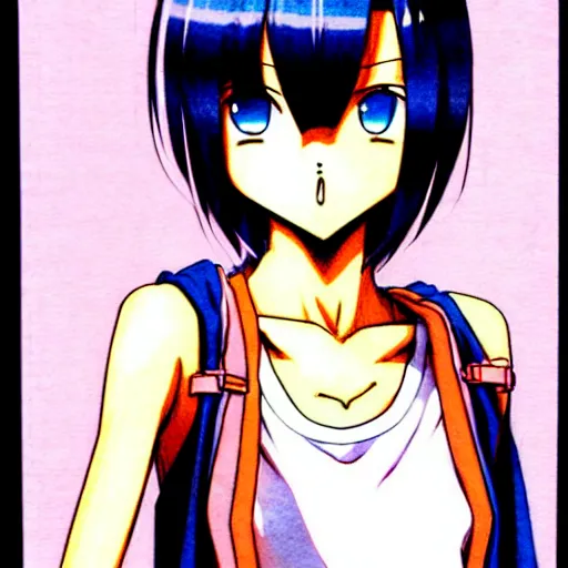 Prompt: attractive elegant sophisticated reservedyoung woman, slim figure, perfect silky straight hair, smooth tan skin, dark circles under bemused eyes, hip emo fashion, tshirt!!, shorts!!, illustrated for newtype magazine!! by akira toriyama!!