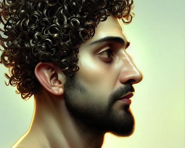 Prompt: curly - haired persian guy programmer vs an artificial brain, side - view, symmetry, lines, intricate, elegant, highly detailed, digital painting, artstation, cgsociety, concept art, smooth, sharp focus, illustration, art by artgerm and greg rutkowski and alphonse mucha, 8 k