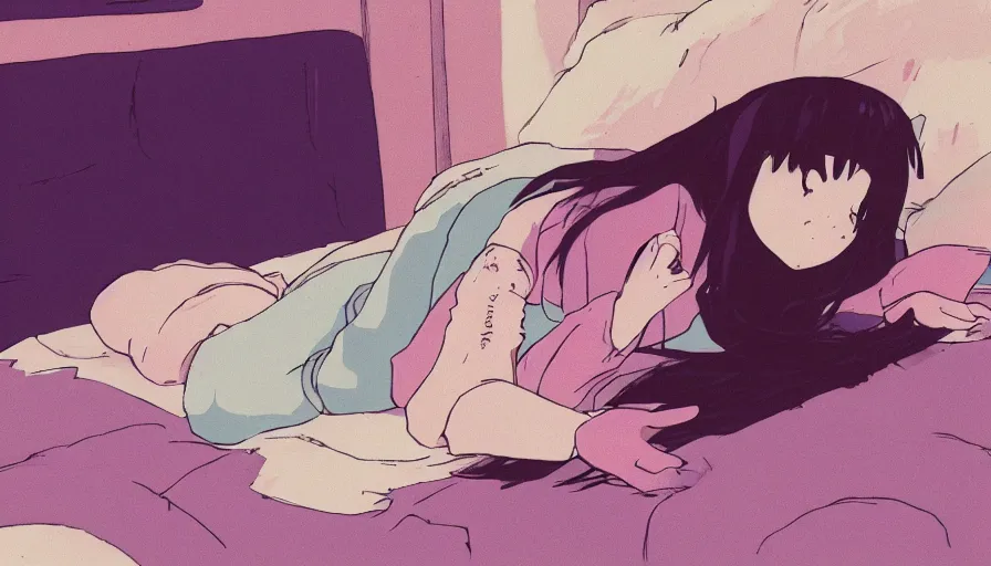 Prompt: girl laying on bed, rainy day, anime, ghibli, 9 0 s, retro style, aesthetic, pastel color