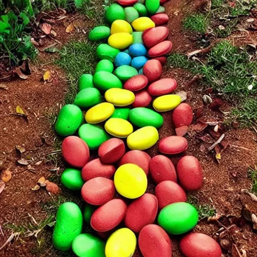 Prompt: a skittles forest path with a 🚫 sign