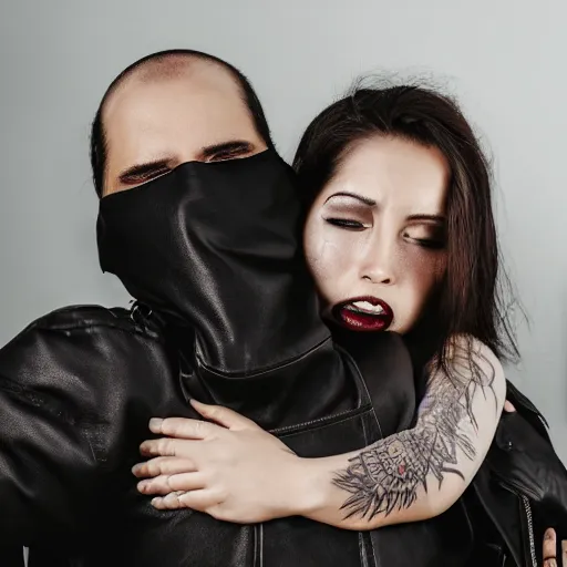 Prompt: Hot young woman, grey skin, void eyeballs, tattoos, wearing a leather jacket, comforting someone in a shroud and mask, hugging them as they cry on her chest