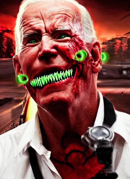 Image similar to hyper realistic terror photo Doom horror furious glowing red eyes biden