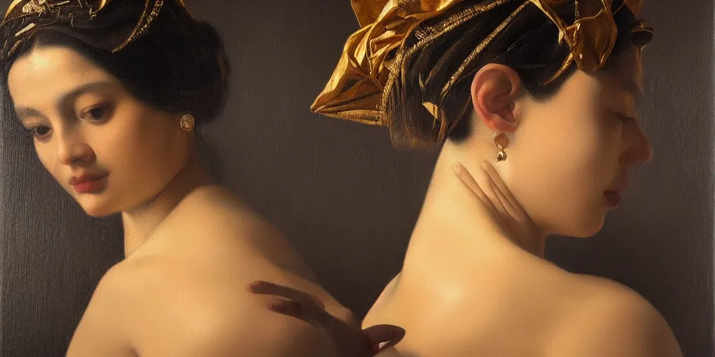 Prompt: beautiful oil matte portrait painting, women with gold skin showered with diamonds, wonderful masterpiece highly detailed, beautiful cinematic light deep focus, elegant, digital painting, smooth, sharp focus, golden ratio, dramatic illumination, ultra realistic, 8 k, art by artemisia lomi gentileschi and caravaggio