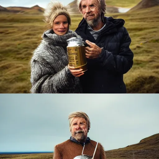 Image similar to a highly detailed portrait of a couple holding a tin can, remote icelandic village, blonde hair, trending on artstation,