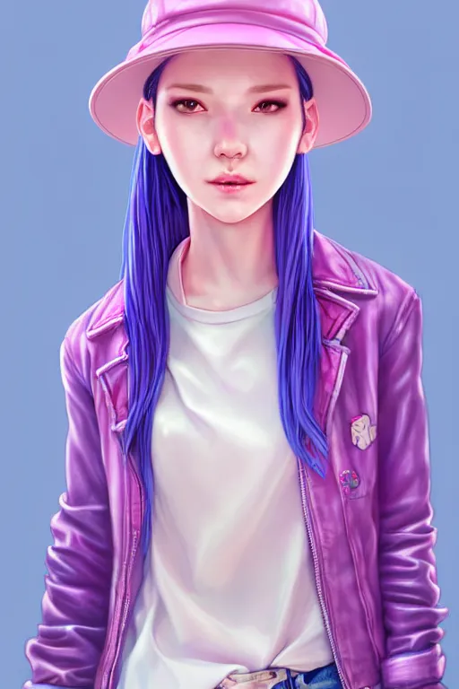 Image similar to gorgeous!!! hyper - realistic teenager girl with pink hair, light pink fedora hat and light pink jacket, with purple gloves, blue jeans and white shoes | drawn by wlop, drawn by jeehyung lee, drawn by artgerm | intricate, highly detailed, digital painting, character design, concept art, illustration, artstation