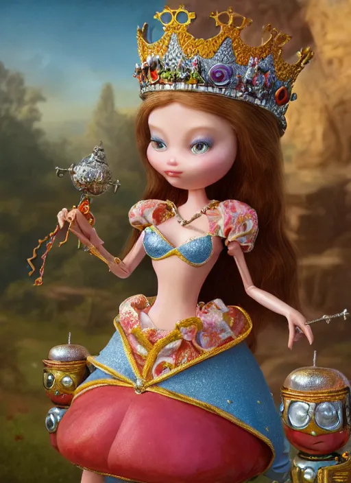 Image similar to highly detailed closeup, profile portrait of a tin toy fairytale princess wearing a crown, bikini, unreal engine, nicoletta ceccoli, mark ryden, earl norem, lostfish, global illumination, detailed and intricate environment