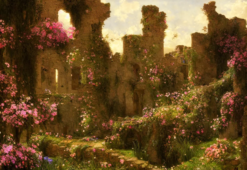 Prompt: castle ruins with colorful growing flowers and bushes, by lawrence alma - tadema, dramatic lighting, beautiful colors, hyperdetailed, photo - realistic, hyperrealistic, trending in artstation, deviantart, 8 k
