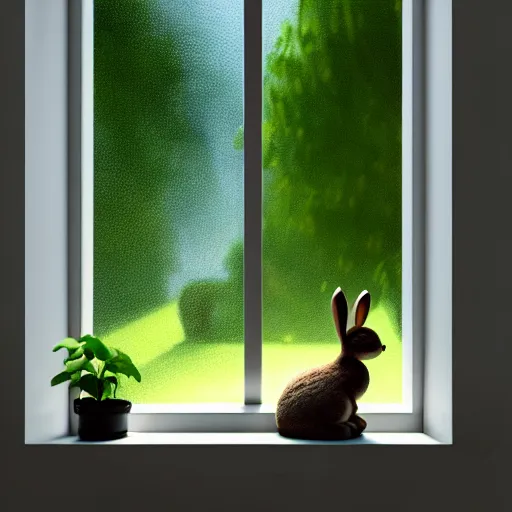 Prompt: beautiful peaceful dreamy painting of a big bunny sitting by a window and looking outside, sunshine coming through the window, small plants on the window sill, 8k, hyper realism, trending on artstation, octane render