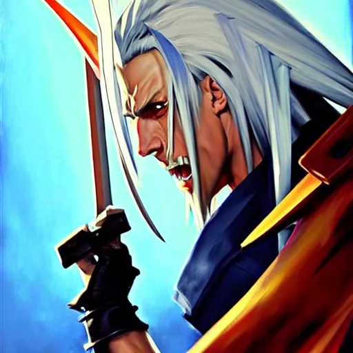 Image similar to Greg Manchess portrait painting of Sephiroth from FFVII as Overwatch character, medium shot, asymmetrical, profile picture, Organic Painting, sunny day, Matte Painting, bold shapes, hard edges, street art, trending on artstation, by Huang Guangjian and Gil Elvgren and Sachin Teng