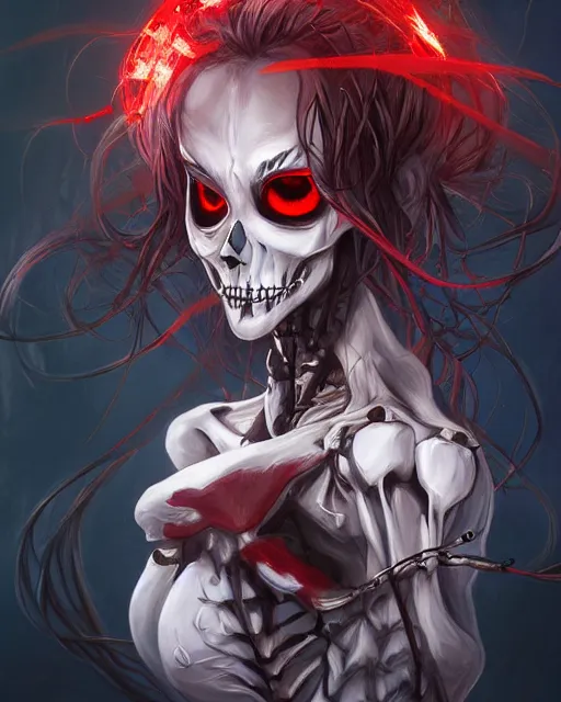 Image similar to A realistic anime portrait of a beautiful skeleton woman with glowing red eyes wearing clothes made of skulls, digital painting, by Stanley Artgerm Lau, Sakimichan, WLOP and Rossdraws, digtial painting, trending on ArtStation, SFW version