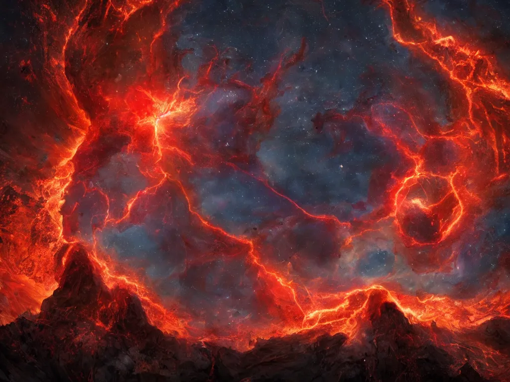 Prompt: An epic cosmic horror atop a fiery mountain, dark, red lightning, 8K High Definition