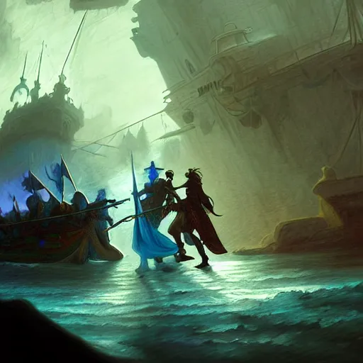 Prompt: D&D fantasy combat fighting blue ghosts on a ship lower deck, intricate, elegant, highly detailed, D&D, digital painting, artstation, concept art, matte painting, sharp focus, illustration, glowing light and shadow, atmospheric, shadowy, cinematic, in the style of Greg Rutkowski and artemisia gentileschi and Alphonse Mucha