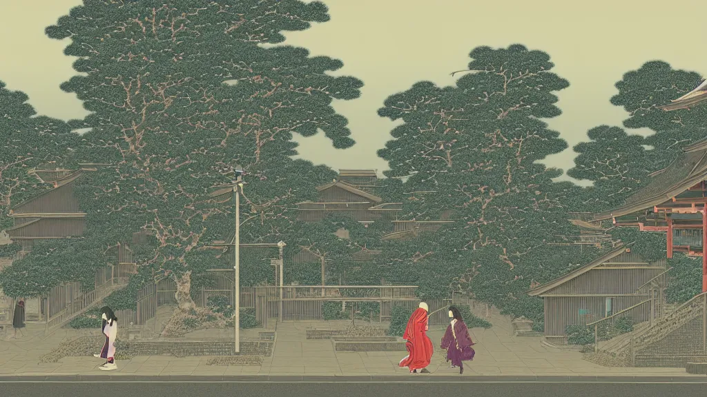 Prompt: a very high detailed image of Two women start crossing the road in front, very high detailed screen print by Kawase Hasui and dan hillier, 8k unreal engine