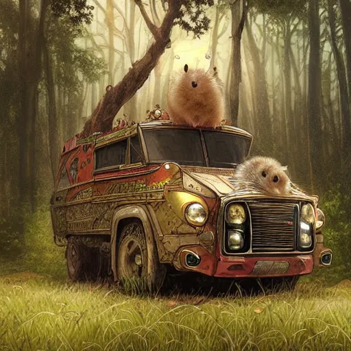 Prompt: An epic fantasy comic book style portrait of a hamster as a truck, temple ruins surrounded by lush meadow and big pines, intricate, elegant, highly detailed, digital painting, artstation, concept art, matte, sharp focus, illustration, art by Artgerm and Greg Rutkowski and Alphonse Mucha